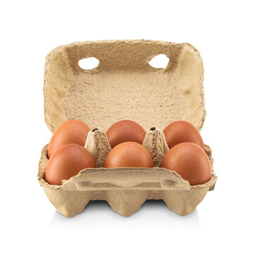 Open box with six eggs isolated. Transparent PNG image.