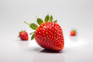 Dew-Kissed Ruby: Ripe Strawberry Glowing on White,  Summer Burst: Close-Up of a Juicy, Perfect Strawberry, Nature's Candy: Macro Love for a Ripe & Dewy Strawberry,  Fresh-Picked Perfection: A S
