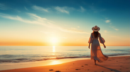 Lonely woman standing on beach sunrise time.