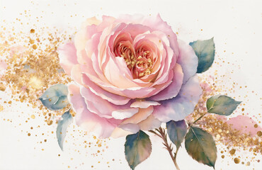 Pastel watrercolor rose with gold glitter -AI generated