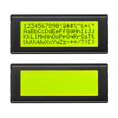 Two character LCD displays, blank and digital alphabet font set isolated. Transparent PNG image.