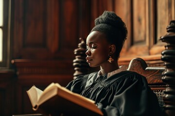 Female judge is sitting reading a law book. Concept for International Day of Women Judges. Women in justice, women for justice - obrazy, fototapety, plakaty