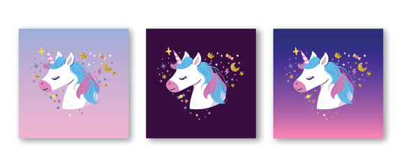 Set of posters with  cute unicorns and glitter. Vector illustration, hand drawn style.  Valentine's da, Kid invitation with unicorn, star, heart.
