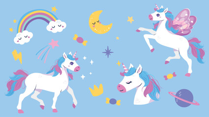 Happy Unicorn set. Vector characters for birthday, invitation, baby shower card, kids t-shirts and stickers kit. Hand drawn  illustration in cartoon style.