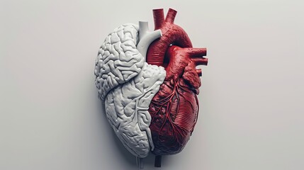 Digital Art Embracing Dichotomy: Brain and Heart Overlapped on a White Backdrop