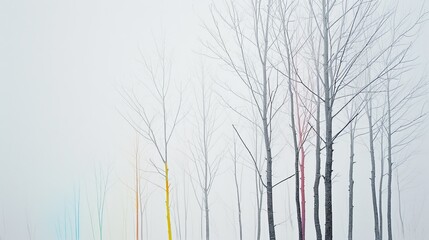 Ephemeral Gloom: Minimalist Art of Fleeting Nature with Sparse Tree Structures and Ephemeral Color Lines on a Tranquil White Backdrop