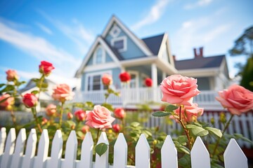 cape cod home with dormers behind a white picket fence with roses