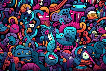 Cartoon cute doodles featuring an abstract surreal world with detailed and intricate patterns seamlessly blended, Generative AI