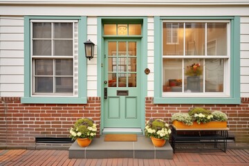 green colonial door, matching window frames, cobblestone path