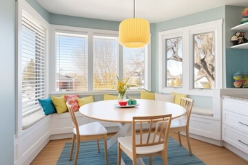 bright breakfast nook with bay windows in extension - obrazy, fototapety, plakaty