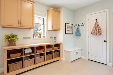 newly added mudroom with storage in cape cod style