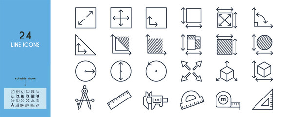 Measurement of dimension, area, perimeter line icon set. Caliper, triangle ruler,protractor,circlet,cube, square, triangle, angle vector illustration. Outline sings. Editable Stroke.