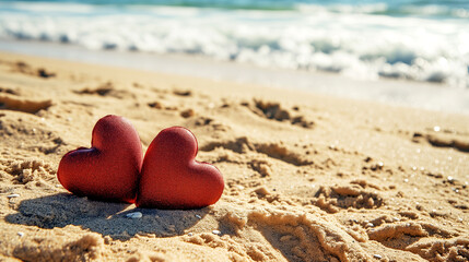Two Hearts on a Sandy Beach Near the Ocean

