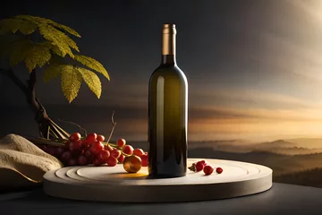 Fotobehang blank branded wine bottle presentation template with grapes © eric