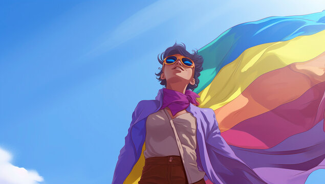 Illustrated woman with pride flag
