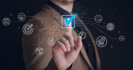 Sign for approval guaranteeing quality control, Document control, and management, Businessman point on top service icon Paperless work checklist on digital display