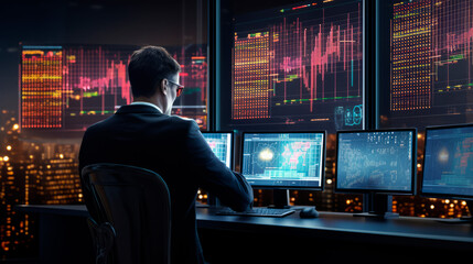 A focused professional analyzes complex data on multiple computer monitors in a darkened office space, displaying financial graphs and cybersecurity information against a nighttime cityscape.