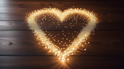 Shiny gold glitter heart shape on wooden background. Happy Valentine's Day. The concept of holiday, love and confession of your feelings