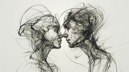 Fototapeta premium Minimalist Pencil Drawing of Loving Couple on the Verge of a Kiss