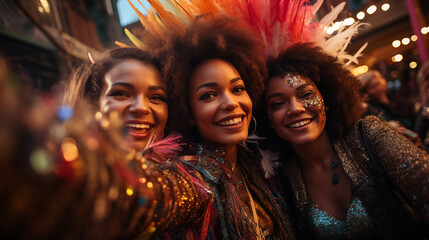 Grupo de mujeres jóvenes disfrutando del carnaval  - obrazy, fototapety, plakaty