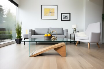 glass coffee table with concrete base in modern living room