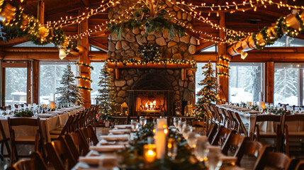 Fototapeta na wymiar A winter wedding in a snow-covered lodge with a fireplace pine decorations and a cozy atmosphere.