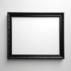 empty black wooden frame filled with white matte board hanging on blank wall created with Generative Ai