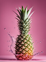 Vibrant pineapple with refreshing water splashes, set against a light pink backdrop – a tropical delight in a splashy scene.