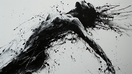 Emotional Liberation Splatter: Black Splashes on White Canvas in Minimalist Art - obrazy, fototapety, plakaty