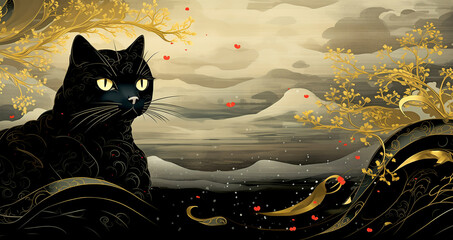 Black Cat. Surreal Illustration in Japanese Style
