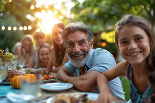 A family enjoying an outdoor summer garden celebration. Generative Ai.