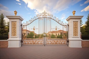 Obraz premium elegant wrought iron gate at driveway entrance