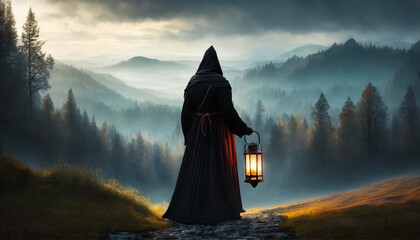Silhouette of a monk standing on the top of a hill with a lantern in his hand - obrazy, fototapety, plakaty