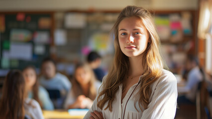 Portrait of a beautiful young female teacher standing in the classroom with looking at camera. There are students sitting in the class for blurry background.
