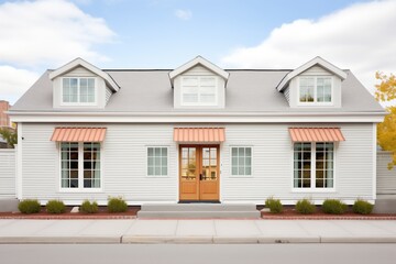 symmetrical front view of saltbox with elegant shutters