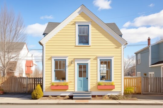 saltbox facade with open shutters, sunny day