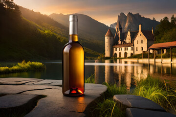 unlebeled wine bottle presentation template , wine branding and advertising , rural background