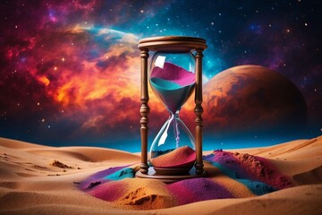 Multicolored sand inside an hourglass against cosmos background.Concept of time, time management, astrology, birth of the universe, discovery of space, unknown, space-time continuum. AI generated - obrazy, fototapety, plakaty