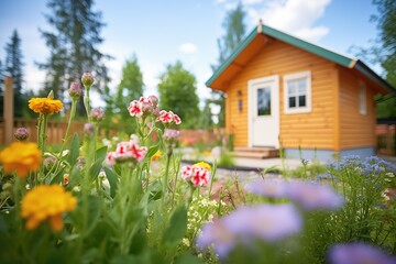 Fototapeta na wymiar summertime view of a log cabin with a blooming garden