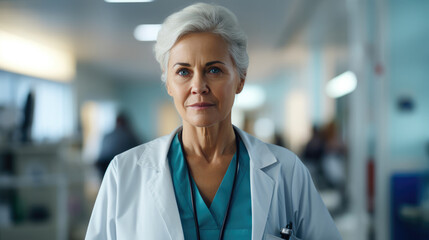 Elderly Laboratory Professional in Blurred Clinic Scene