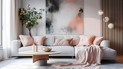 Grey sofa with pink pillows and blanket against white wall with abstract art poster. Interior design of modern living room Split lighting,