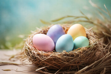 Colorful easter eggs in a bird's nest made of hay. Soft natural bokeh background