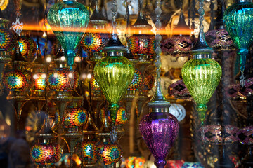 Colorful turkish glass lamps chandelier with glass details in Istanbul grand bazar Turkey