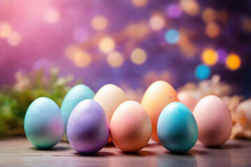 Festive colorful easter eggs on beautiful soft bokeh background