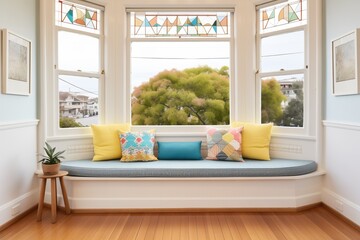 bay window with seat and cushion in victorian interior - obrazy, fototapety, plakaty