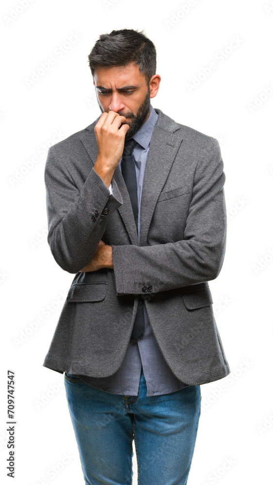 Sticker Adult hispanic business man over isolated background looking stressed and nervous with hands on mouth biting nails. Anxiety problem.