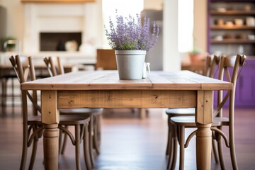Fototapeta na wymiar rustic wood dining table with lavender