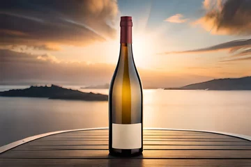 Fotobehang one single 750ml wine bottle with blank label , wine branding mockup , natural landscape background © eric