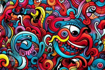 Fototapeta premium Cartoon cute doodles illustrating a detailed and surreal mosaic of abstract elements seamlessly combined in a pattern, Generative AI