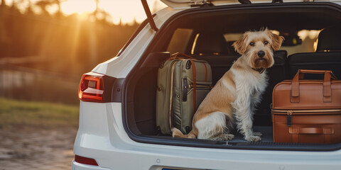 Travelling by car with pets concept. Opened trunk of a car, full of suitcases and a dog sitting...